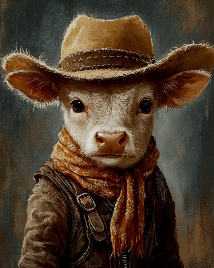 Portrait of a Calf Cowboy - Anthropomorphic Wall Art Prints – 8″x10″ Artwork for 11″x14″ Frame