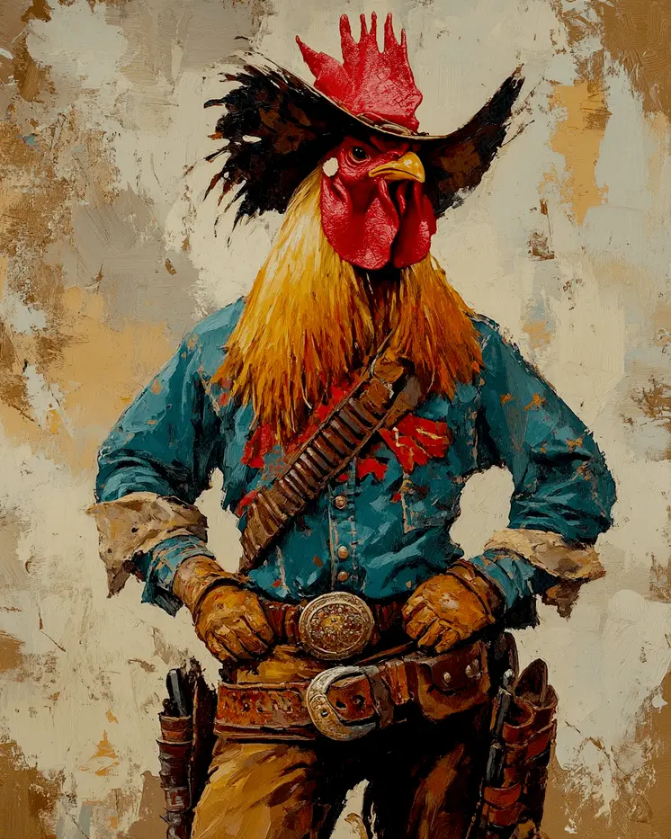 Cowboy Chicken Outlaw - Anthropomorphic Wall Art Prints – 8″x10″ Artwork for 11″x14″ Frame