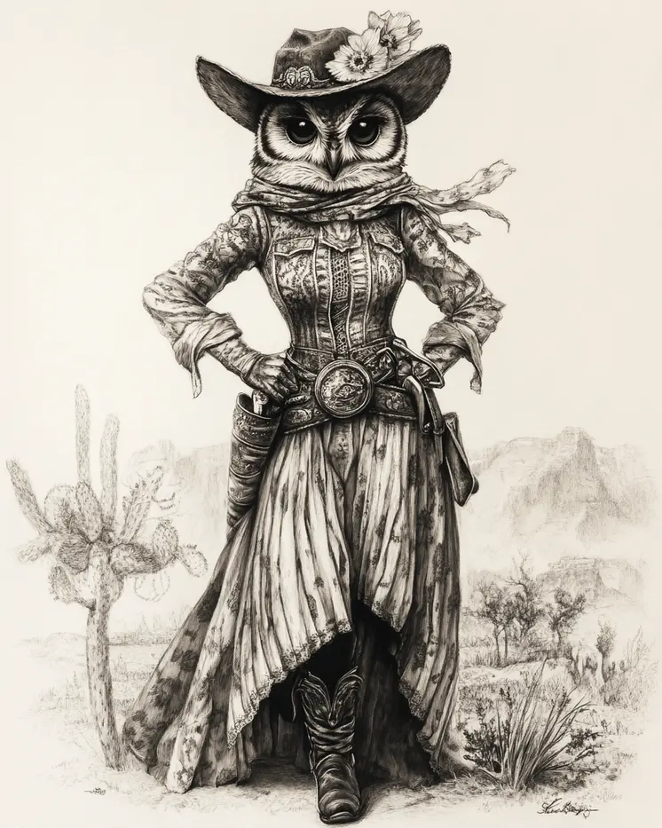 Owl Cowgirl Pencil Sketch - Anthropomorphic Wall Art Prints – 8″x10″ Artwork for 11″x14″ Frame