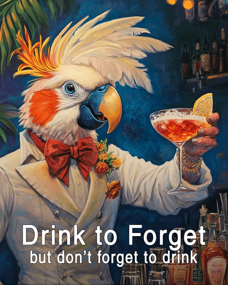 Drink to Forget -Cockatoo Animal Memes – 8″x10″ Artwork in 11″x14″ Mat