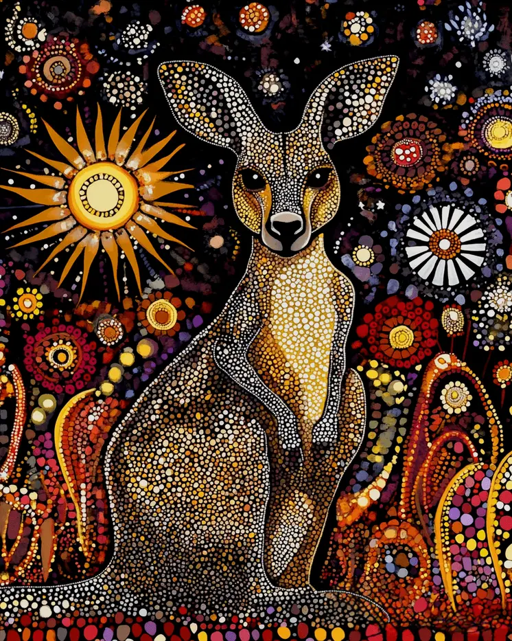 Folk Art Kangaroo - Australian Wildlife Wall Art Prints – 8″x10″ Artwork for 11″x14″ Frame