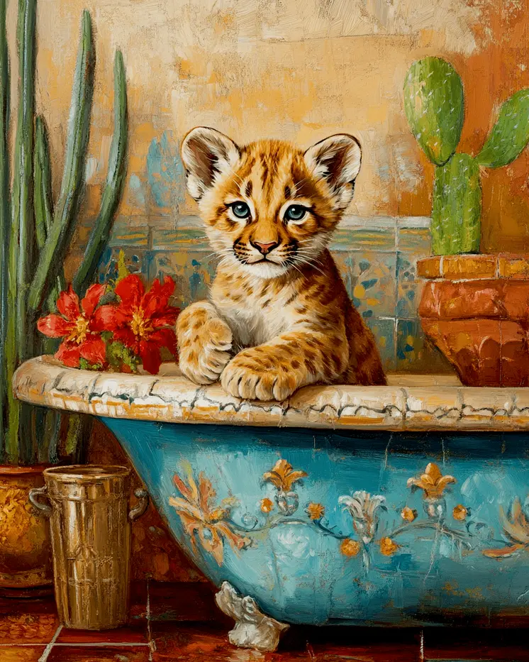 Desert Mountain Lion Cub in Bathtub - Southwest Bathroom Wall Art Prints – 8″x10″ Artwork for 11″x14″ Frame