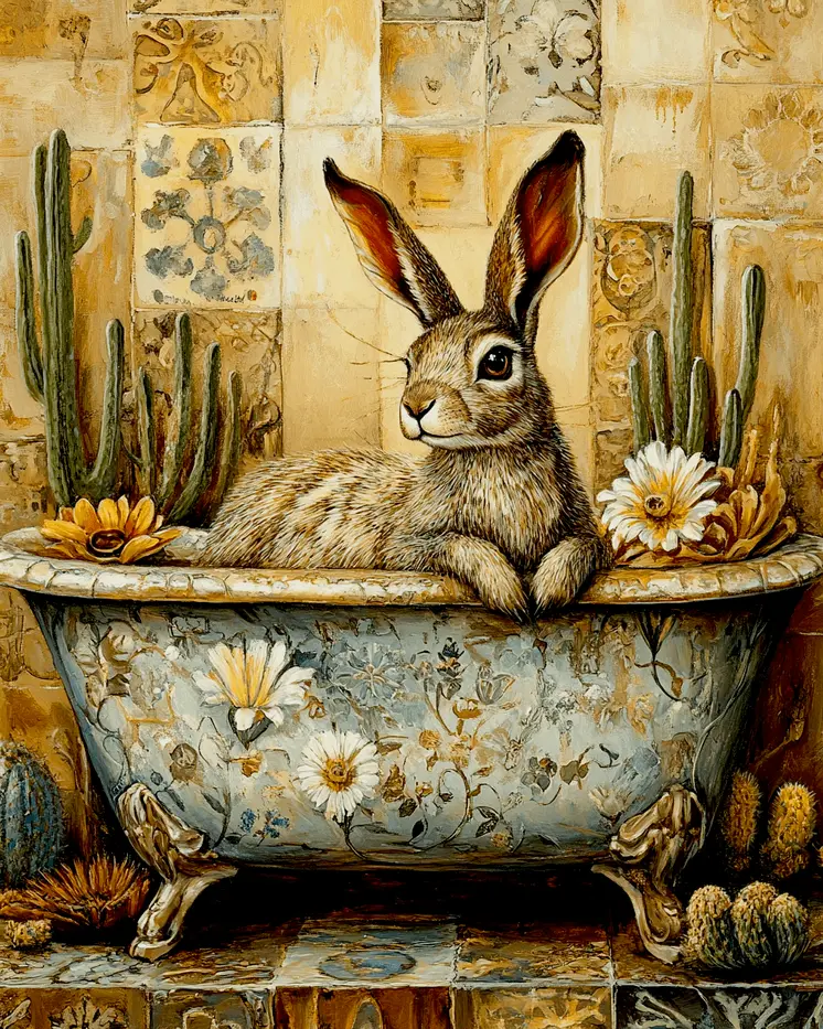 Jackrabbit in Bathtub - Southwest Bathroom Wall Art Prints – 8″x10″ Artwork for 11″x14″ Frame