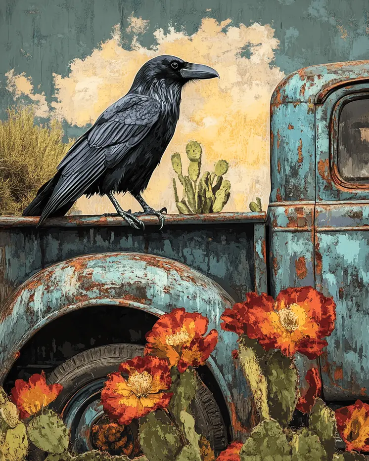 Crow on Pick-Up Truck - Southwest Bathroom Wall Art Prints – 8″x10″ Artwork for 11″x14″ Frame