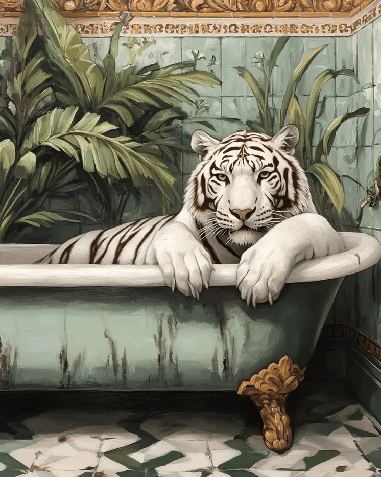 Relaxing White Tiger in Bathtub - Bathroom Wall Art Prints – 8″x10″ Artwork for 11″x14″ Frame