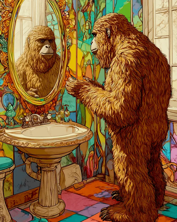 Bigfoot Looking in Mirror - Bathroom Wall Art Prints – 8″x10″ Artwork for 11″x14″ Frame