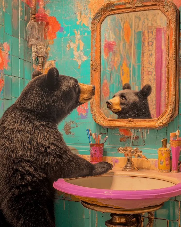 Bear Looking in Mirror - Bathroom Wall Art Prints – 8″x10″ Artwork for 11″x14″ Frame