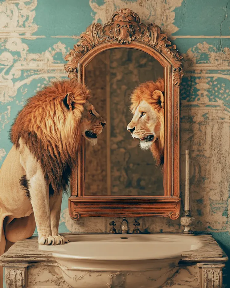 African Lion Looking in Mirror - Bathroom Wall Art Prints – 8″x10″ Artwork for 11″x14″ Frame