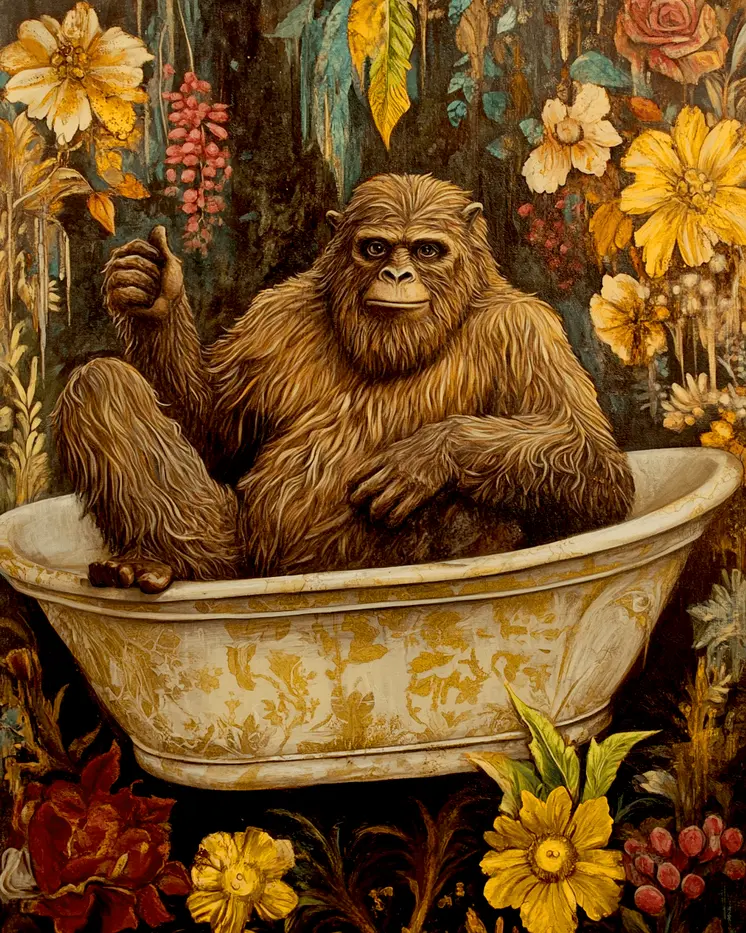 Bigfoot Taking a Bathtub - Bathroom Wall Art Prints – 8″x10″ Artwork for 11″x14″ Frame