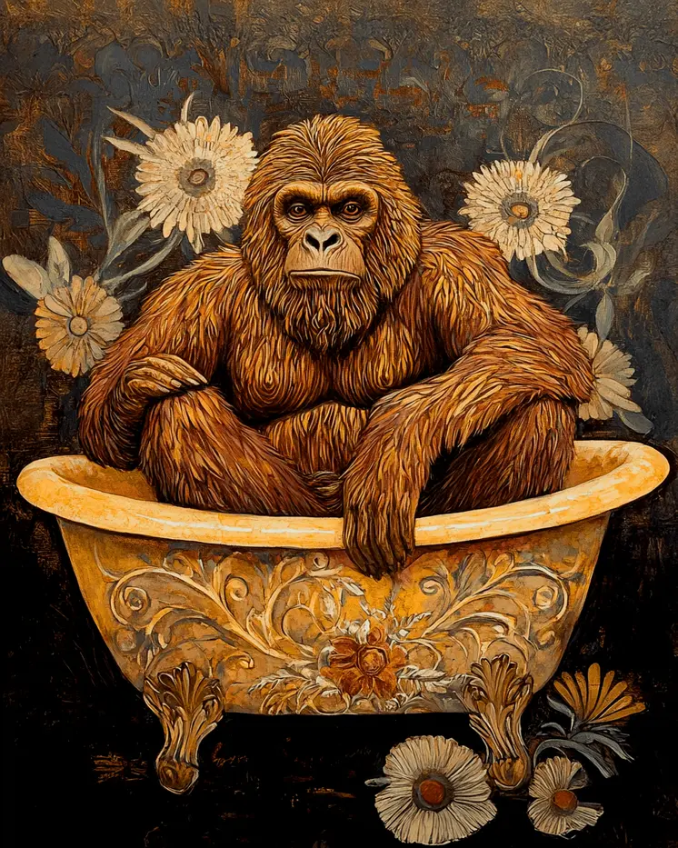 Sasquatch Taking a Bathtub - Bathroom Wall Art Prints – 8″x10″ Artwork for 11″x14″ Frame