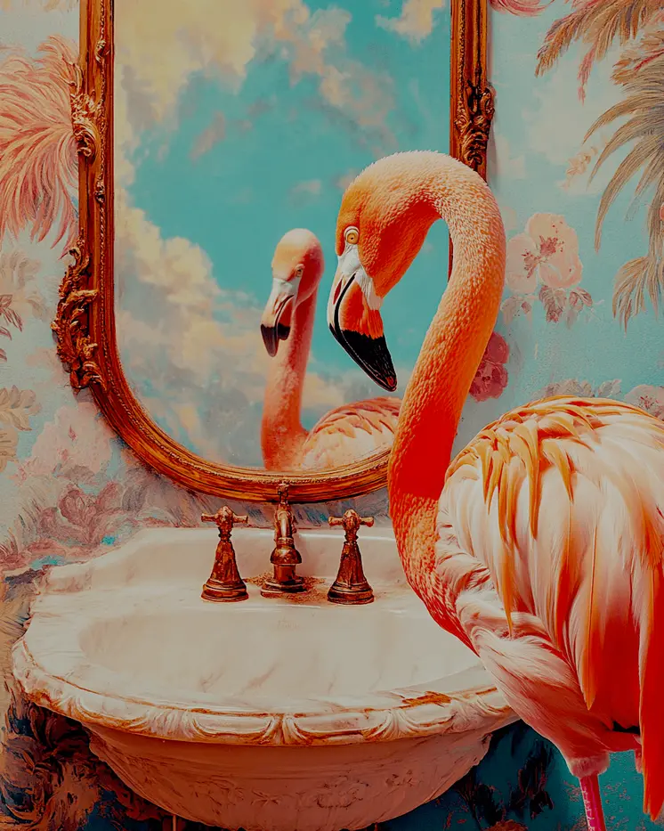 Pink Flamingo Looking in Mirror - Bathroom Wall Art Prints – 8″x10″ Artwork for 11″x14″ Frame