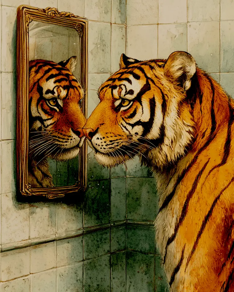 Tiger Looking in Mirror - Bathroom Wall Art Prints – 8″x10″ Artwork for 11″x14″ Frame