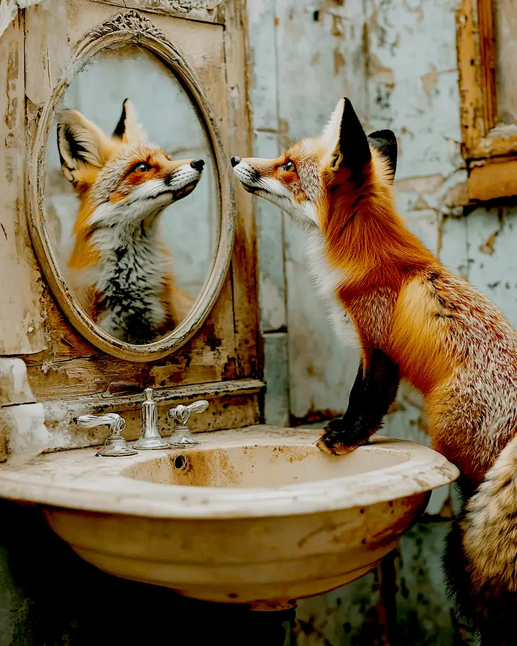 Red Fox Looking in Mirror - Bathroom Wall Art Prints – 8″x10″ Artwork for 11″x14″ Frame
