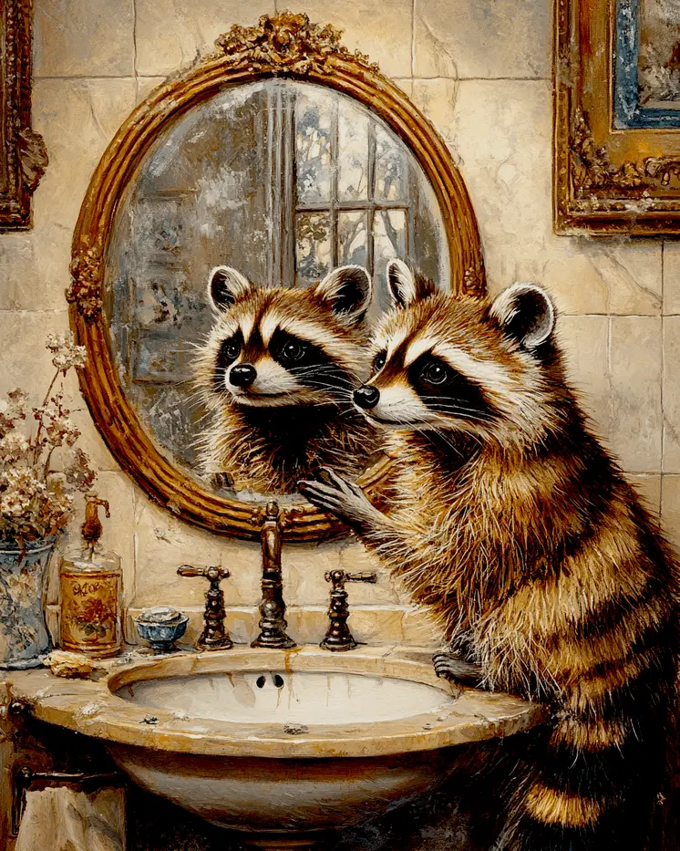 Raccoon Looking in a Mirror - Bathroom Wall Art Prints – 8″x10″ Artwork for 11″x14″ Frame