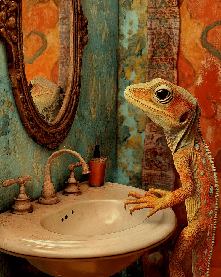 Lizard Looking in a Mirror - Bathroom Wall Art Prints – 8″x10″ Artwork for 11″x14″ Frame