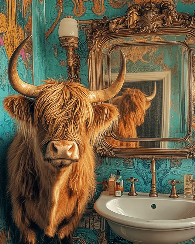 Highland Cow Looking in a Mirror - Bathroom Wall Art Prints – 8″x10″ Artwork for 11″x14″ Frame