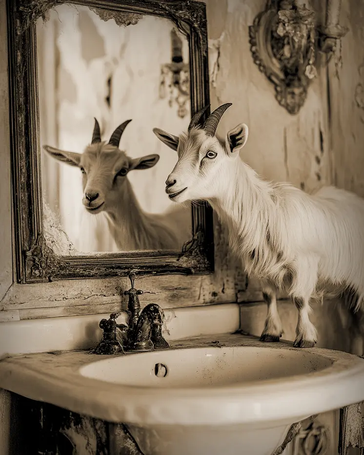 Goat Looking in a Mirror - Bathroom Wall Art Prints – 8″x10″ Artwork for 11″x14″ Frame