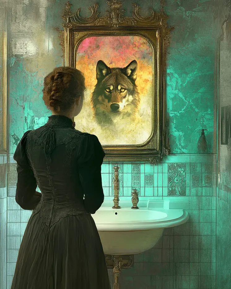 Wolf Reflection in Woman's Mirror - Bathroom Wall Art Prints – 8″x10″ Artwork for 11″x14″ Frame