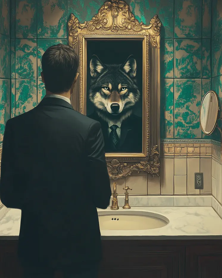 Wolf Reflection in Businessman's Mirror - Bathroom Wall Art Prints – 8″x10″ Artwork for 11″x14″ Frame