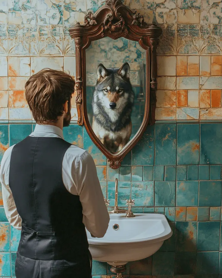 Wolf Reflection in Man's Mirror - Bathroom Wall Art Prints – 8″x10″ Artwork for 11″x14″ Frame