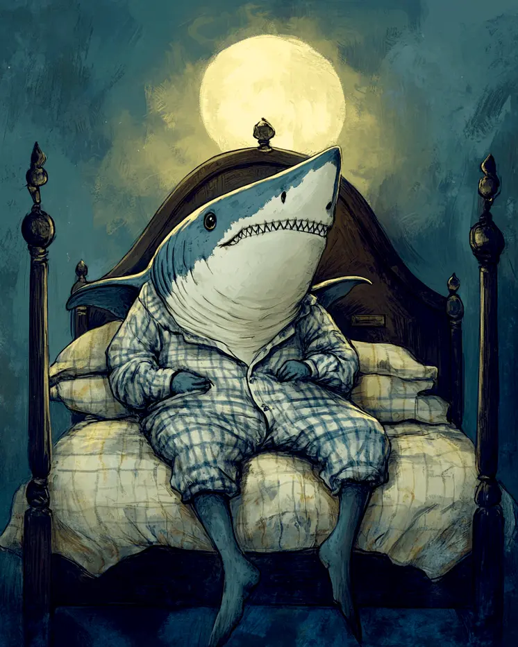 Shark Sitting in Bed - Bedroom Art Prints – 8″x10″ Artwork in 11″x14″ Mat