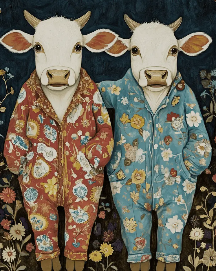 Two Cows in Pajamas - Bedroom Art Prints – 8″x10″ Artwork in 11″x14″ Mat
