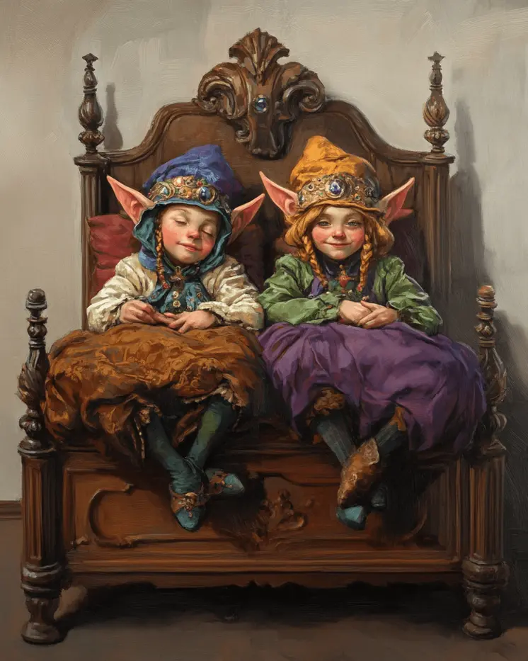 Two Elves in Bed - Bedroom Art Prints – 8″x10″ Artwork in 11″x14″ Mat