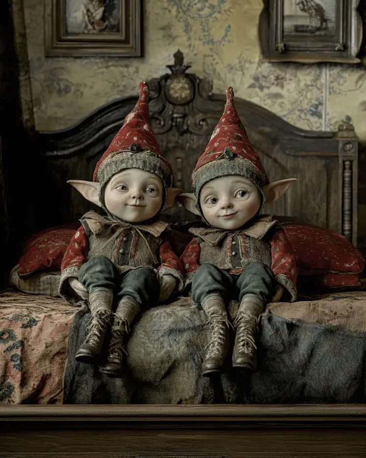 Two Elves Sitting in Bed - Bedroom Art Prints – 8″x10″ Artwork in 11″x14″ Mat