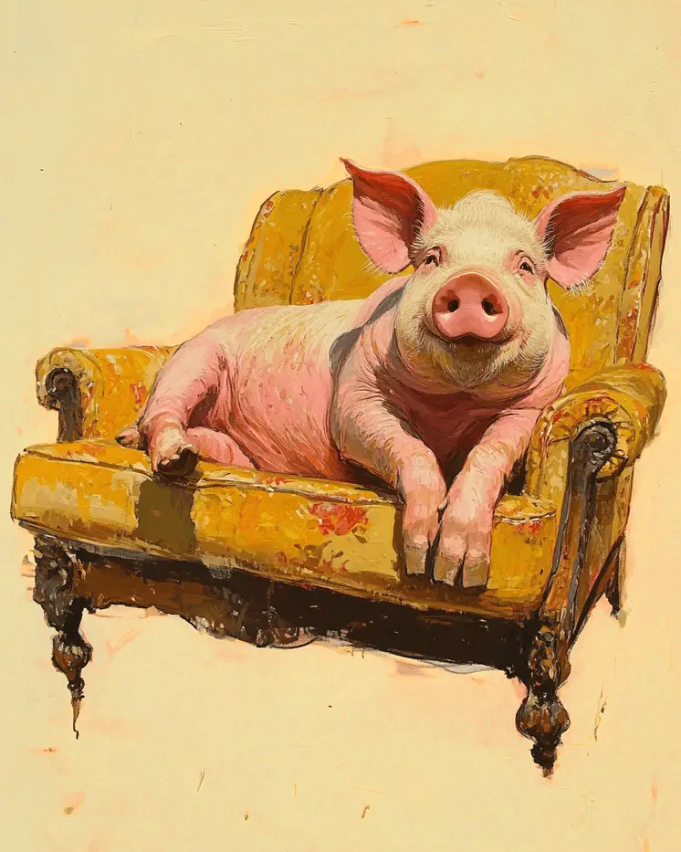 Pig on Chaise Lounge - Bedroom Art Prints – 8″x10″ Artwork in 11″x14″ Mat