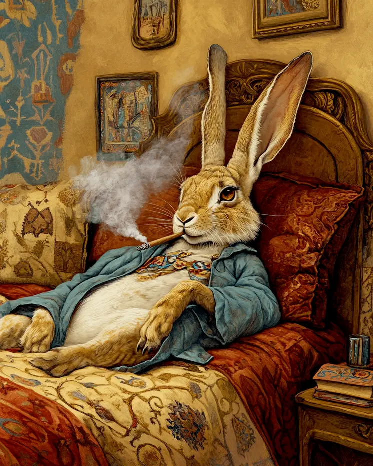 Rabbit in Bed Smoking - Bedroom Art Prints – 8″x10″ Artwork in 11″x14″ Mat