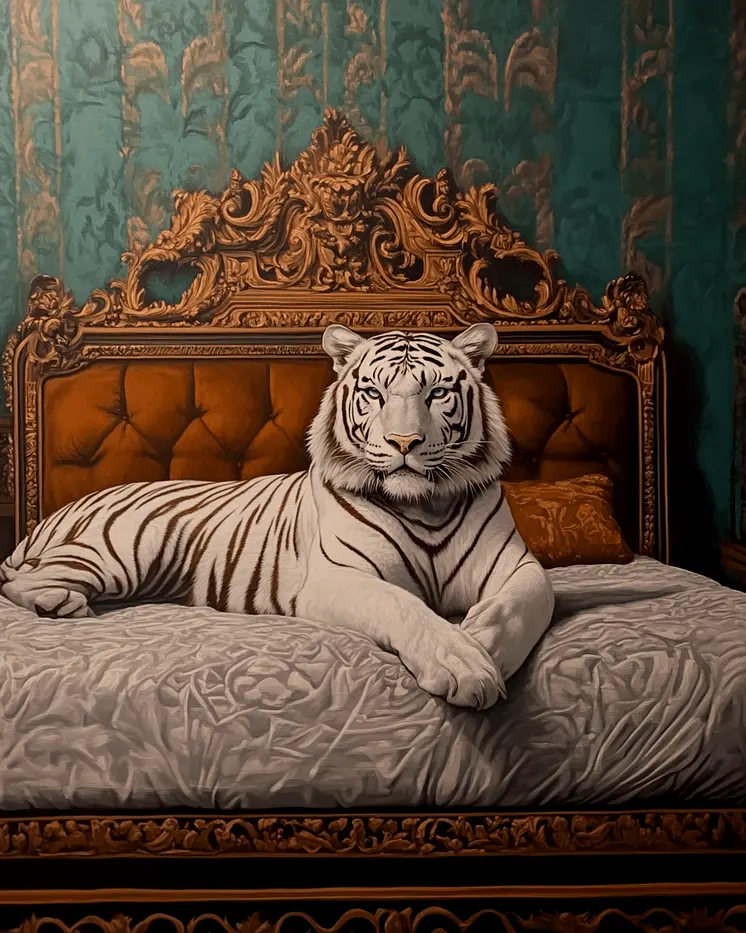 White Tiger Lounging on Bed - Bedroom Art Prints – 8″x10″ Artwork in 11″x14″ Mat
