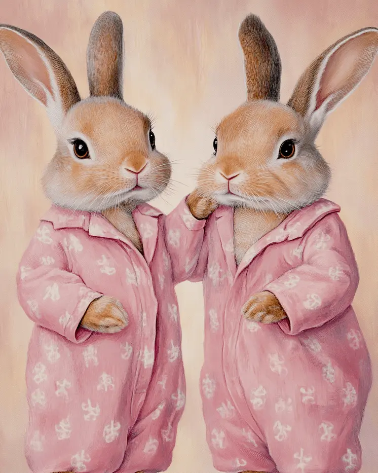 A Pair of Bunnies in Pajamas Art - Bedroom Art Prints – 8″x10″ Artwork in 11″x14″ Mat