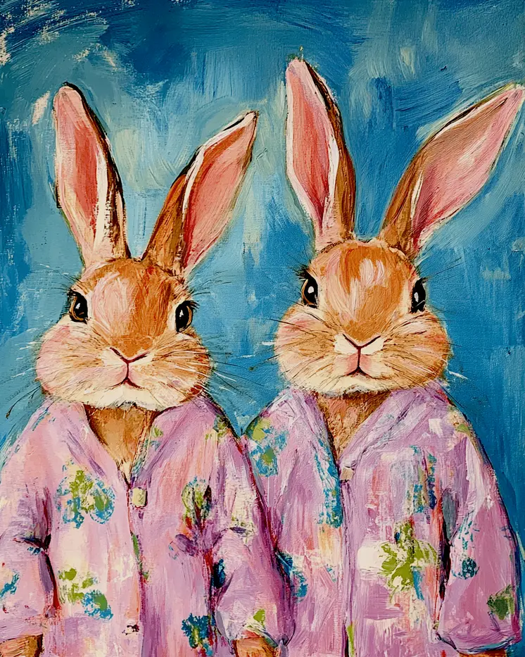 Two Rabbits in Pajamas - Bedroom Art Prints – 8″x10″ Artwork in 11″x14″ Mat