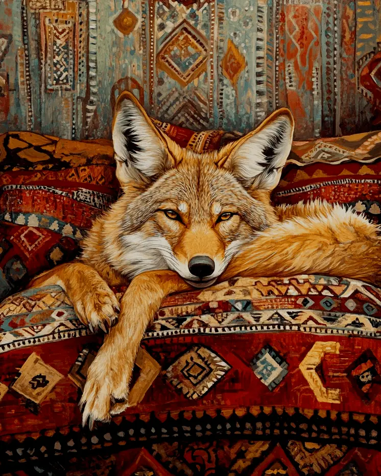 Coyote Relaxing on Bed - Bedroom Art Prints – 8″x10″ Artwork in 11″x14″ Mat