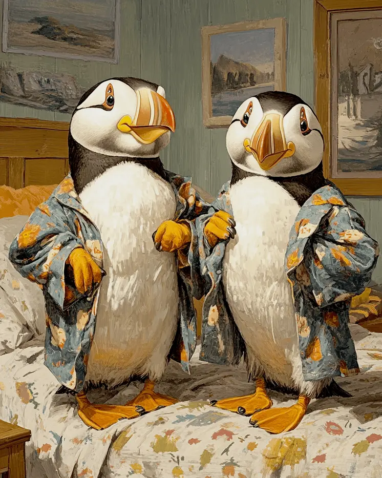 Two Penguins in Pajamas - Bedroom Art Prints – 8″x10″ Artwork in 11″x14″ Mat