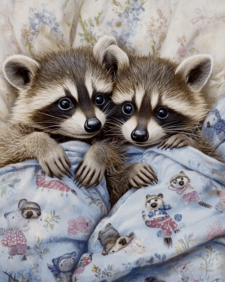 Two Raccoons in Pajamas - Bedroom Art Prints – 8″x10″ Artwork in 11″x14″ Mat