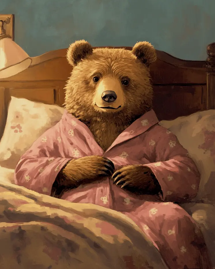 Bear in Pink Pajamas in Bed - Bedroom Art Prints – 8″x10″ Artwork in 11″x14″ Mat