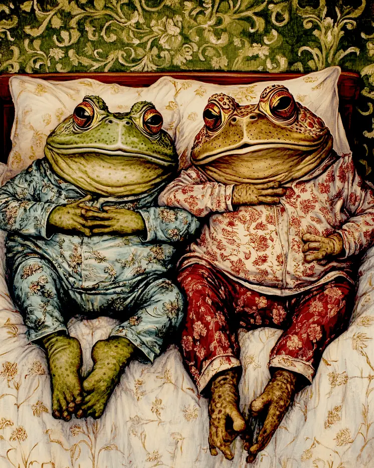A Pair of Toads in Bed - Bedroom Art Prints – 8″x10″ Artwork in 11″x14″ Mat