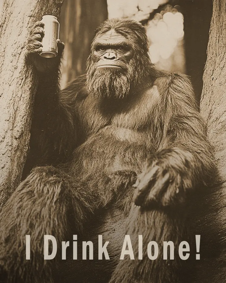 I Drink Alone - Bigfoot and Sasquatch Wall Art Prints – 8″x10″ Artwork in 11″x14″ Mat