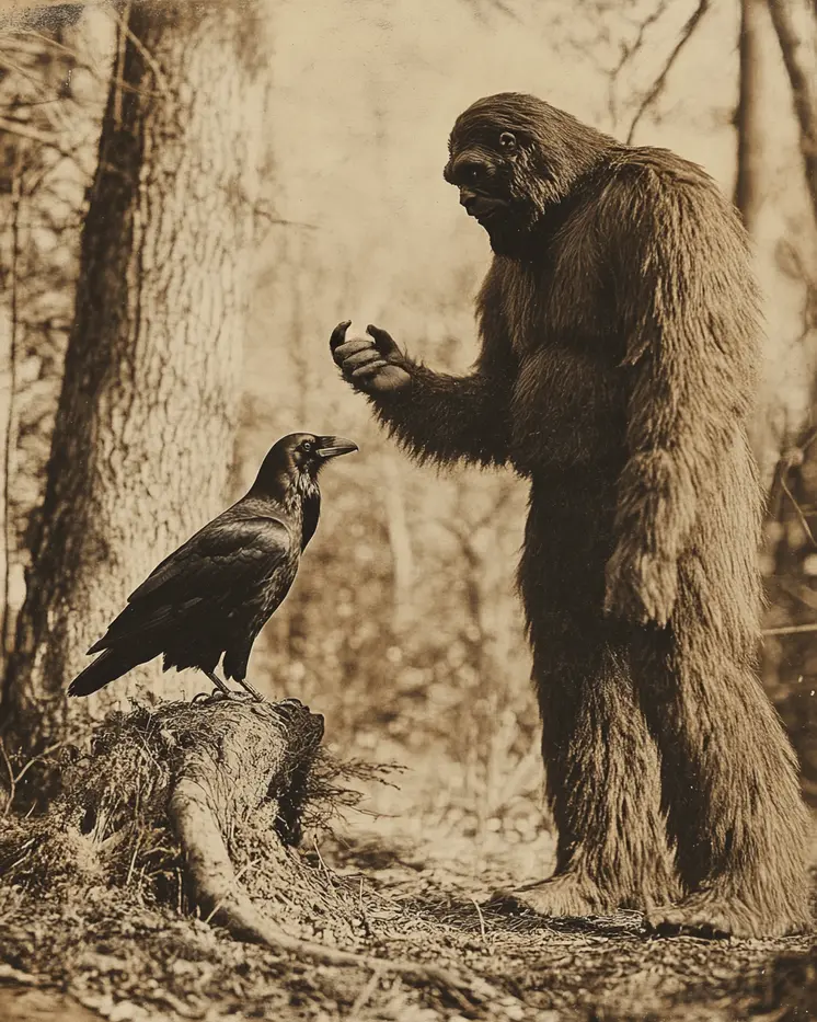 Discussion with a Raven - Bigfoot Art Prints – 8″x10″ Artwork in 11″x14″ Mat