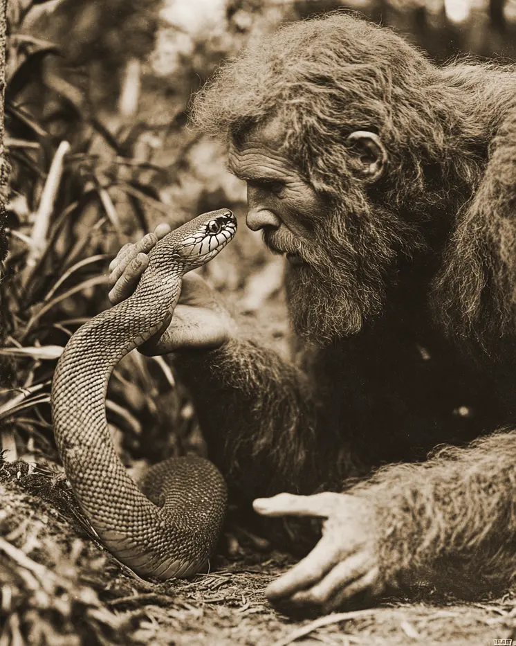 Reasoning with a Snake - Bigfoot Art Prints – 8″x10″ Artwork in 11″x14″ Mat