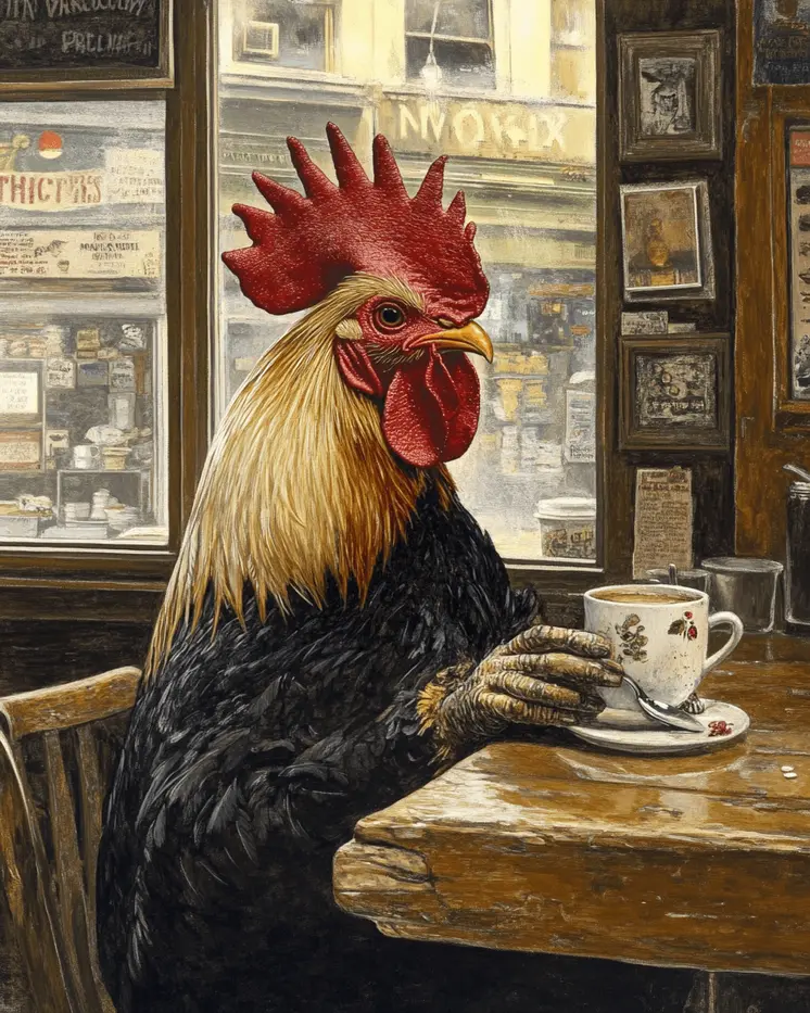 Rat ERooster Enjoying a Cup of Joe - Coffee Wall Art Prints - 8"x10" Art Print for 11"x14" Frame