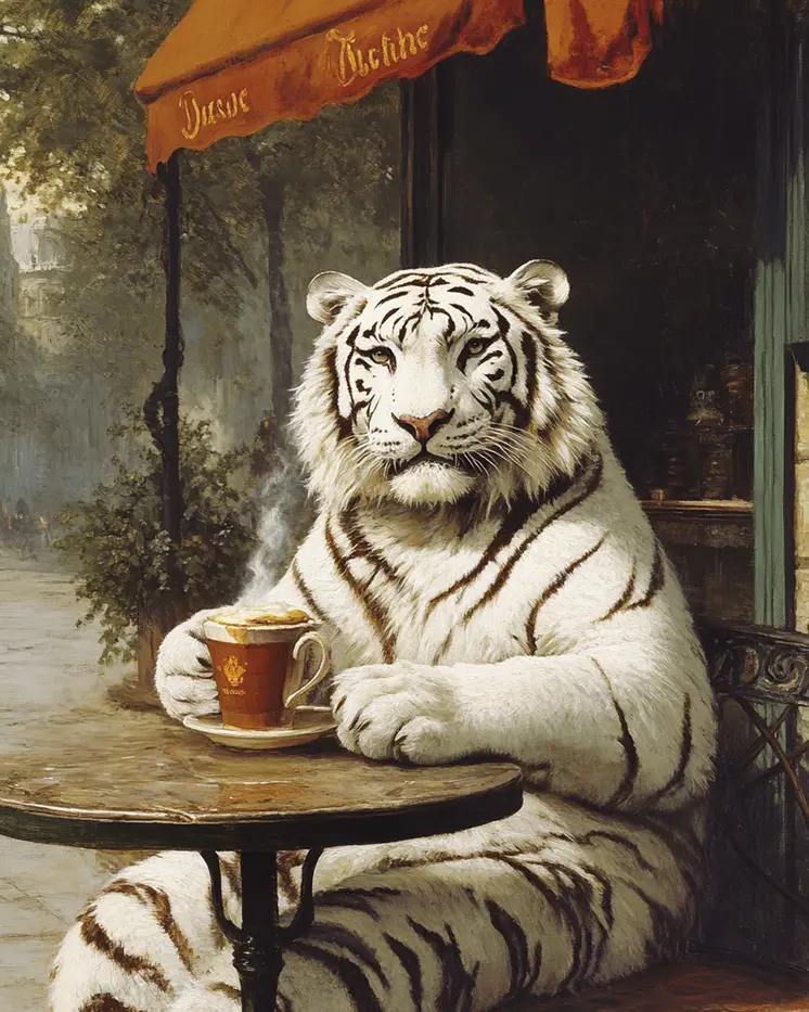 White Tiger Enjoying a Cup of Joe - Coffee Wall Art Prints - 8"x10" Art Print for 11"x14" Frame