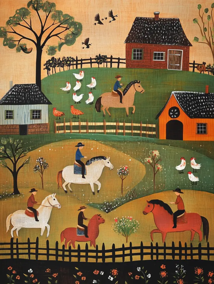 Folk Art Cowboy Landscape - Cowgirl and Cowboy Folk Art Prints  8"x10" Artwork for 11"x14" Frame