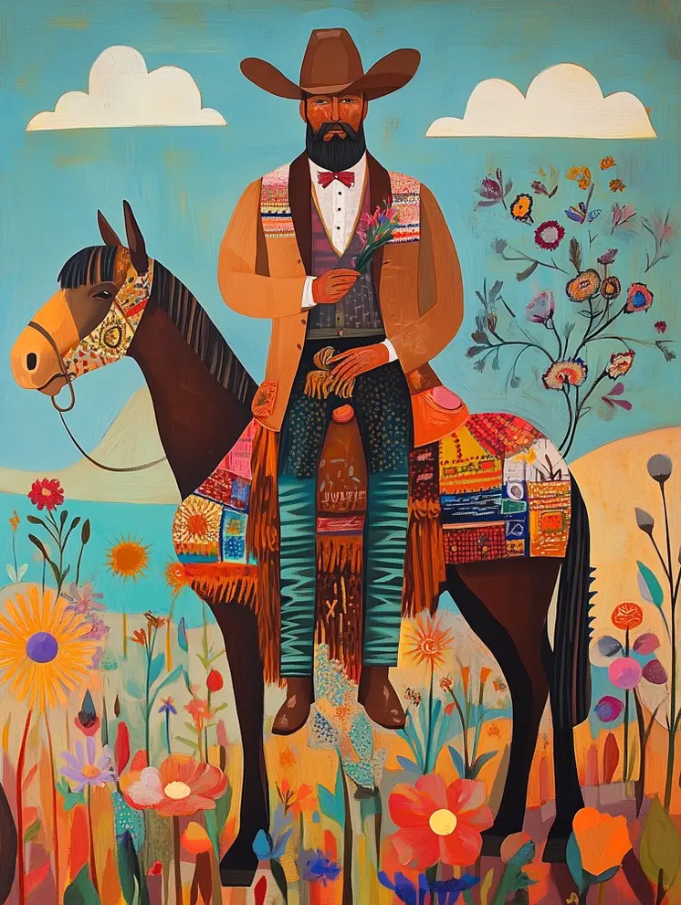 Cowboy Side Saddle with Flower Folk Art - Cowgirl and Cowboy Folk Art Prints  8"x10" Artwork for 11"x14" Frame