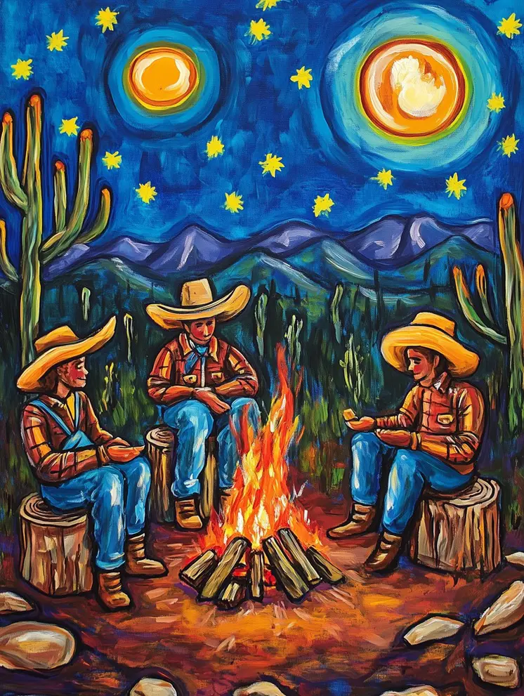 Cowboys at the Campfire Folk Art - Cowgirl and Cowboy Folk Art Prints  8"x10" Artwork for 11"x14" Frame