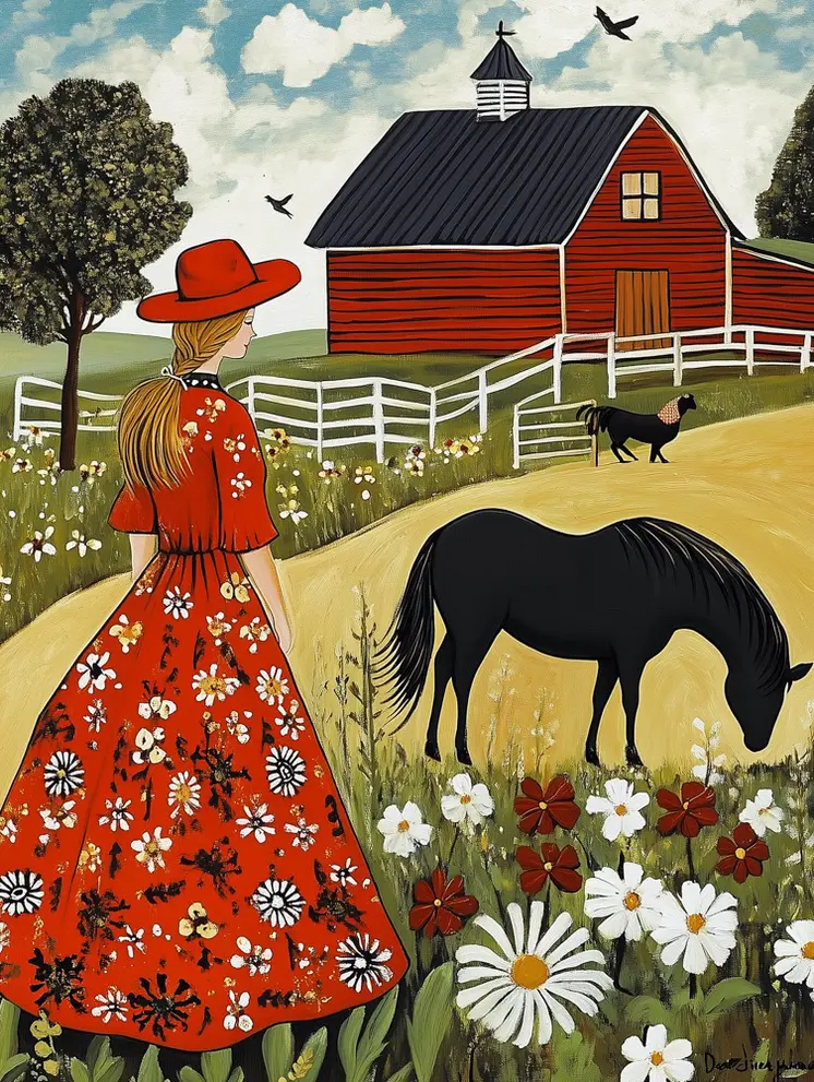 Cowgirl Admiring Horses Folk Art - Cowgirl and Cowboy Folk Art Prints  8"x10" Artwork for 11"x14" Frame