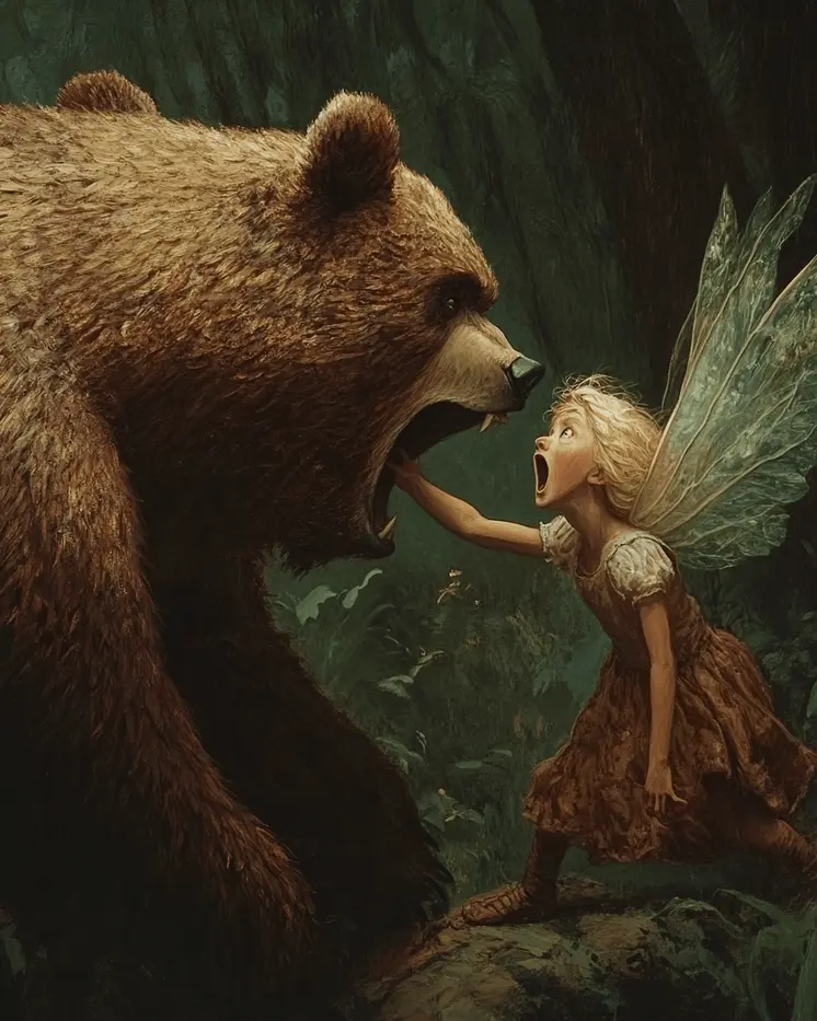 Fairy Giving a Bear a Talking To - Fairies Wall Art Prints – 8″x10″ Artwork for 11″x14″ Frame