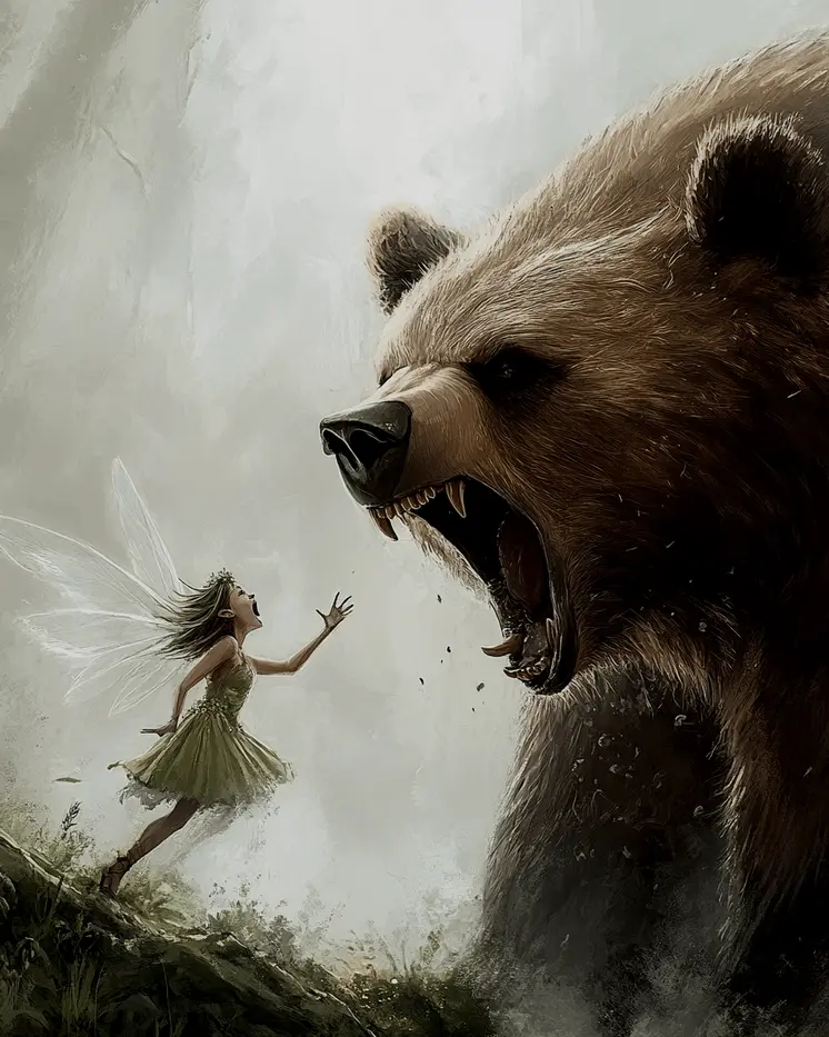 Fairy Takes On Bear - Fairies Wall Art Prints – 8″x10″ Artwork for 11″x14″ Frame