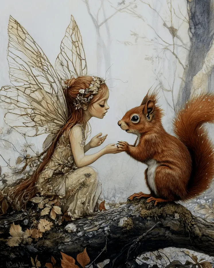 Fairy Confides in Red Squirrel - Fairies Wall Art Prints – 8″x10″ Artwork for 11″x14″ Frame